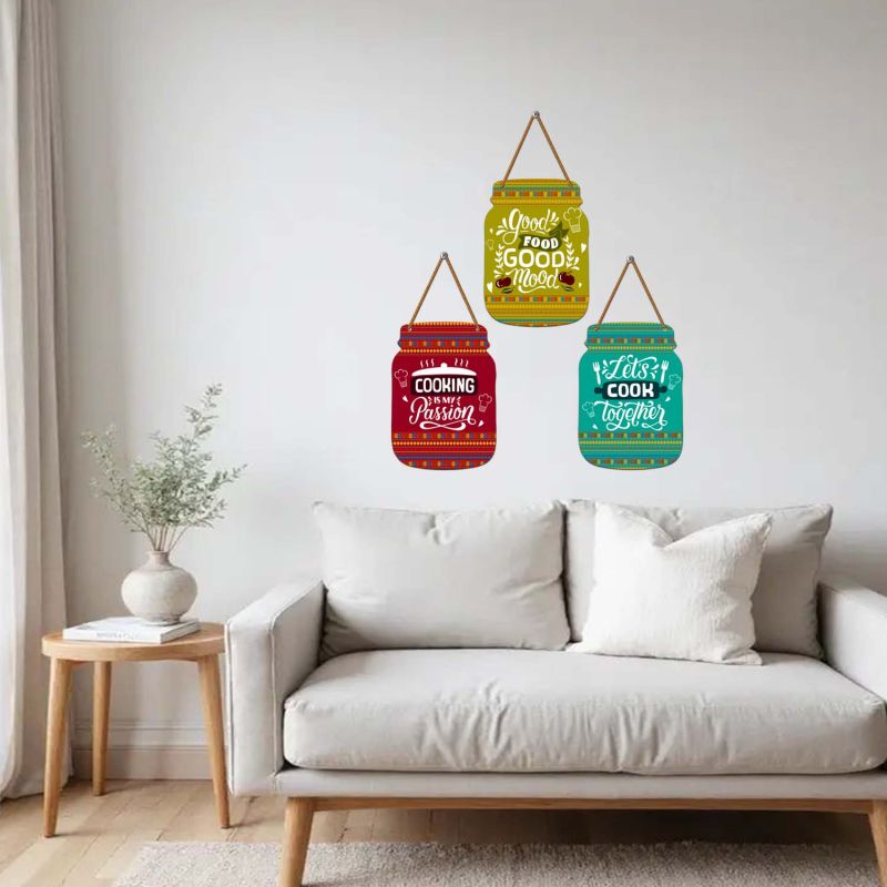 Mason Jar Shape Kitchen Wall Decor Set of 3 Wooden Hanging with Inspirational Quotes